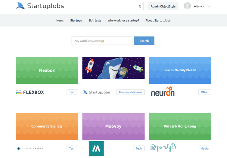 screenshot of StartupJobs website