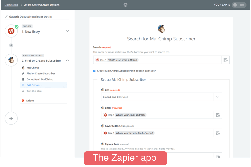 Zapier recipe creation interface